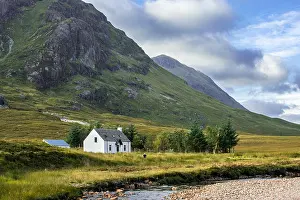 Mountain River Prints: The remote Lagangarbh Hut along River Coupall in front of Buachaille Etive Mor in Glen Coe