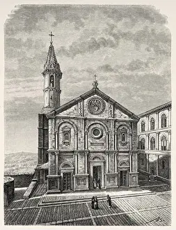 Aged Prints: Renaissance facade of the Cathedral of Pienza