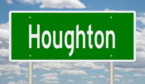 Freeway Prints: Rendering of a green 3d highway sign for Houghton in the Upper Peninsula of Michigan