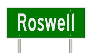 Flying Saucer Prints: Rendering of a green highway sign for Roswell New Mexico