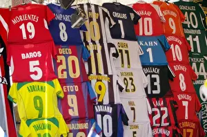 Replica football shirts on sale outside shop in Rhodes Town GREECE