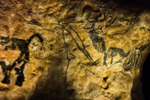 Bison Prints: Replica of part of the Lascaux cave showing prehistoric man and bison, Dordogne, France