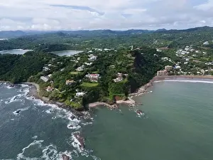 Harbor View Prints: Residential area in coastal waterfront aerial drone view