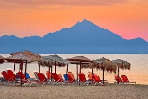 Images Dated 3rd September 2017: Resort beach, Mount Athos in the background, Halkidiki, Sithonia, Greece
