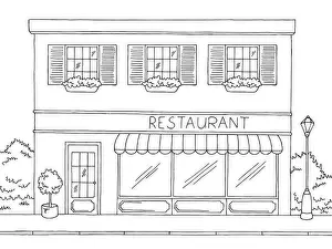 Building Design Prints: Restaurant exterior graphic black white sketch illustration vector