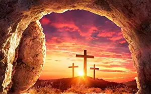 Salvation Prints: Resurrection Concept - Empty Tomb With Three Crosses On Hill At Sunrise