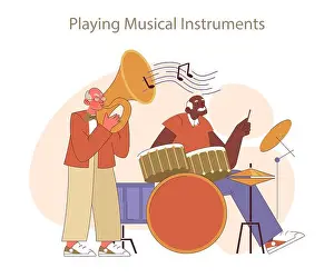Tune Prints: Retirees Activities concept. Joyful seniors engaging in music