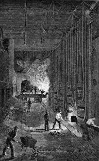 Retort House, Imperial Gasworks, King's Road, London. Wood engraving, 1876