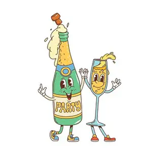 Hippie Prints: Retro cartoon groovy champagne characters celebrate party
