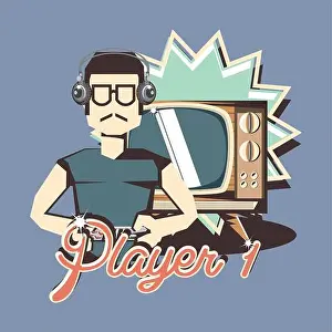 Gamer Prints: retro videogames, player 1 design with avatar man with headphones and gamepad over purple background