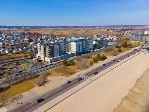 Cape Coast Prints: Revere Beach aerial view and historic coastal area in spring in city of Revere near Boston