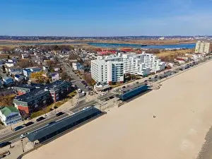 Cape Coast Prints: Revere Beach aerial view and historic coastal area in spring in city of Revere near Boston