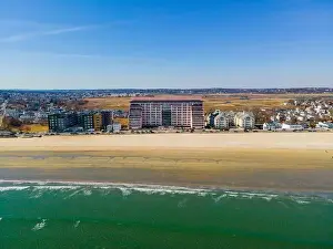 Cape Coast Prints: Revere Beach aerial view and historic coastal area in spring in city of Revere near Boston