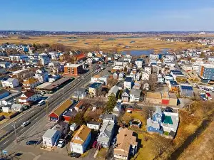 Cape Coast Prints: Revere Beach aerial view and historic coastal area in spring in city of Revere near Boston
