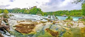 Rhein Prints: Rhine Falls Europes largest waterfall in plain in Neuhausen am Rheinfall Canton Schaffhausen Switzerland panorama view