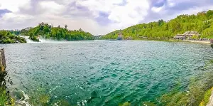 Rhein Prints: Rhine Falls Europes largest waterfall in plain in Neuhausen am Rheinfall Canton Schaffhausen Switzerland panorama view