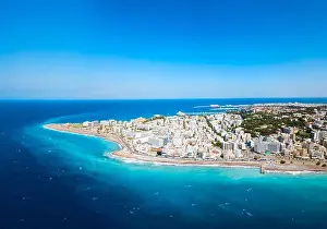 Rhodes city beach aerial panoramic view in Rhodes island in Greece