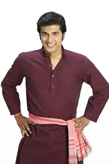 Satisfied Prints: Rich Indian farmer tied gamcha around waist kept both hands on it MR# 743A