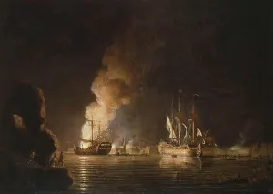 French Navy Prints: Richard Paton's painting Vaisseaux français en feu ou capturés au siège de Louisbourg en 1758 depicts French