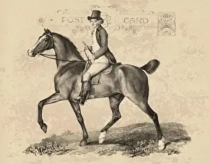 Riding horse drawing. Vintage-style illustration on an aged beige postcard paper background