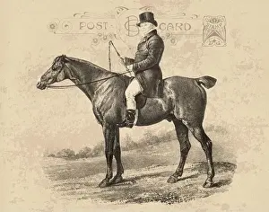 Horse Illustration Prints: Riding horse drawing. Vintage-style illustration on an aged beige postcard paper background