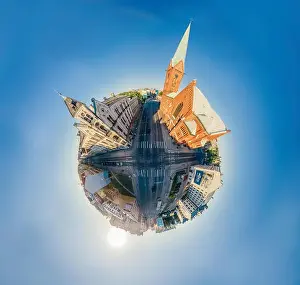 Riga Prints: Riga City Red brick Church Monument drone 360 vr view