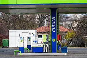 Riga, Latvia, November 2, 2021: Gas filling point with payment terminal of Neste fuel station