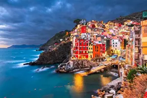 Riomaggiore, Italy, in the Cinque Terre coastal area during blue hour