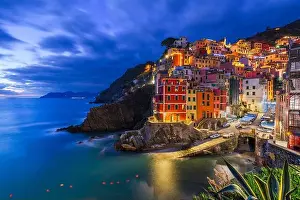 Riomaggiore, Italy, in the Cinque Terre coastal area during blue hour