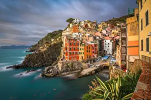 Riomaggiore, Italy, in the Cinque Terre coastal area at dusk