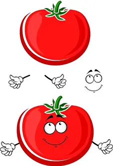 White Smile Prints: Ripe red tomato vegetable cartoon character with green star shaped stem and funny face