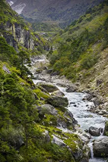 Suspension Prints: River and forest in Himalayas. Trekking in Nepal. Nature and travel
