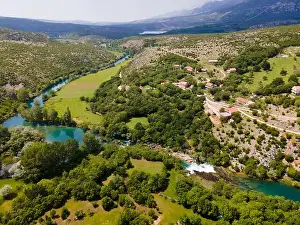 Eastern European Prints: River landscape, drone shot, Zrmanja River, Bilisane, Obrovac, Zadar County, Croatia