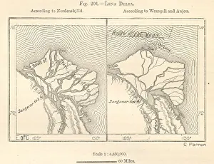 Siberia Prints: River Lena delta, Laptev Sea, Siberia, Russia. Comparative sketch map 1885
