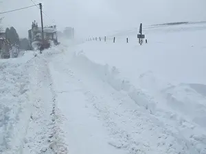 Peak District Prints: Road blocked by snow after a blizzard