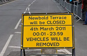 Midlands Prints: Road closure sign for visit by the Queen, Leamington Spa, UK