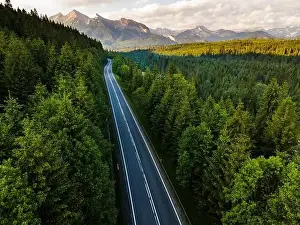 Road in Forest into Wilderness and Mountains Aerial Drone View