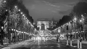 Champs Elysees Prints: Road and traffic of Champs Elysee leading to Arc de Triomphe in Paris
