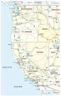 Mexico Prints: Roads, political and administrative map of the Western United States of America with National Parks