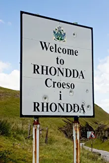 Welcome Sign Prints: Roadside sign on the Bwlch Mountain at the entrance to the Rhondda Valley South Wales Great Britain