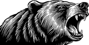 Artful Prints: Roaring bear head black and white woodcut engraving for wildlife art design