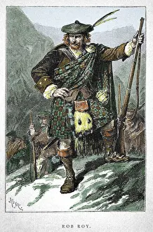 Outlaw Prints: Robert Roy MacGregor (1671-1734). Famous Scottish folk hero and outlaw. Colored engraving