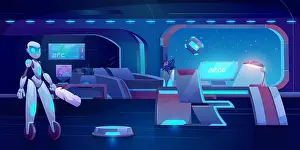 Cockpit Prints: Robot assistant, automatic vacuum and window cleaner in futuristic bedroom with neon glowing furniture at night
