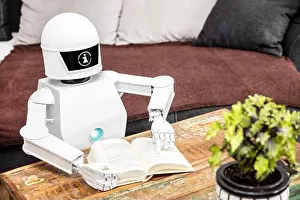 Anthropomorphic Prints: robot is reading some books and is showing his adaptive ai