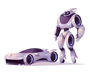 Cyberpunk Prints: Robot transformer in form of android and car isolated on white background