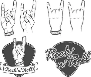 Bracelet Prints: Rock'n'roll, rock hand gesture, sign. Set of emblems and illustrations