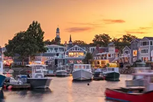 Rockport, Massachusetts, USA downtown and harbor view at dusk