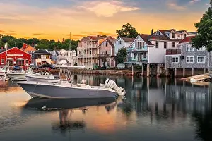 Rockport, Massachusetts, USA downtown and harbor view at dusk