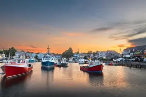 Rockport, Massachusetts, USA downtown and harbor view at dusk