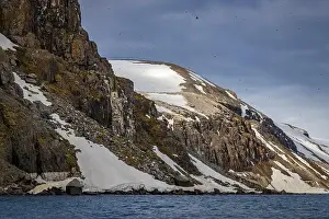 Uria Lomvi Prints: rocks waterfall small iceberg and glacier at the Alkefjellet between Spitsbergen and Nordaustlandet on Svalbard